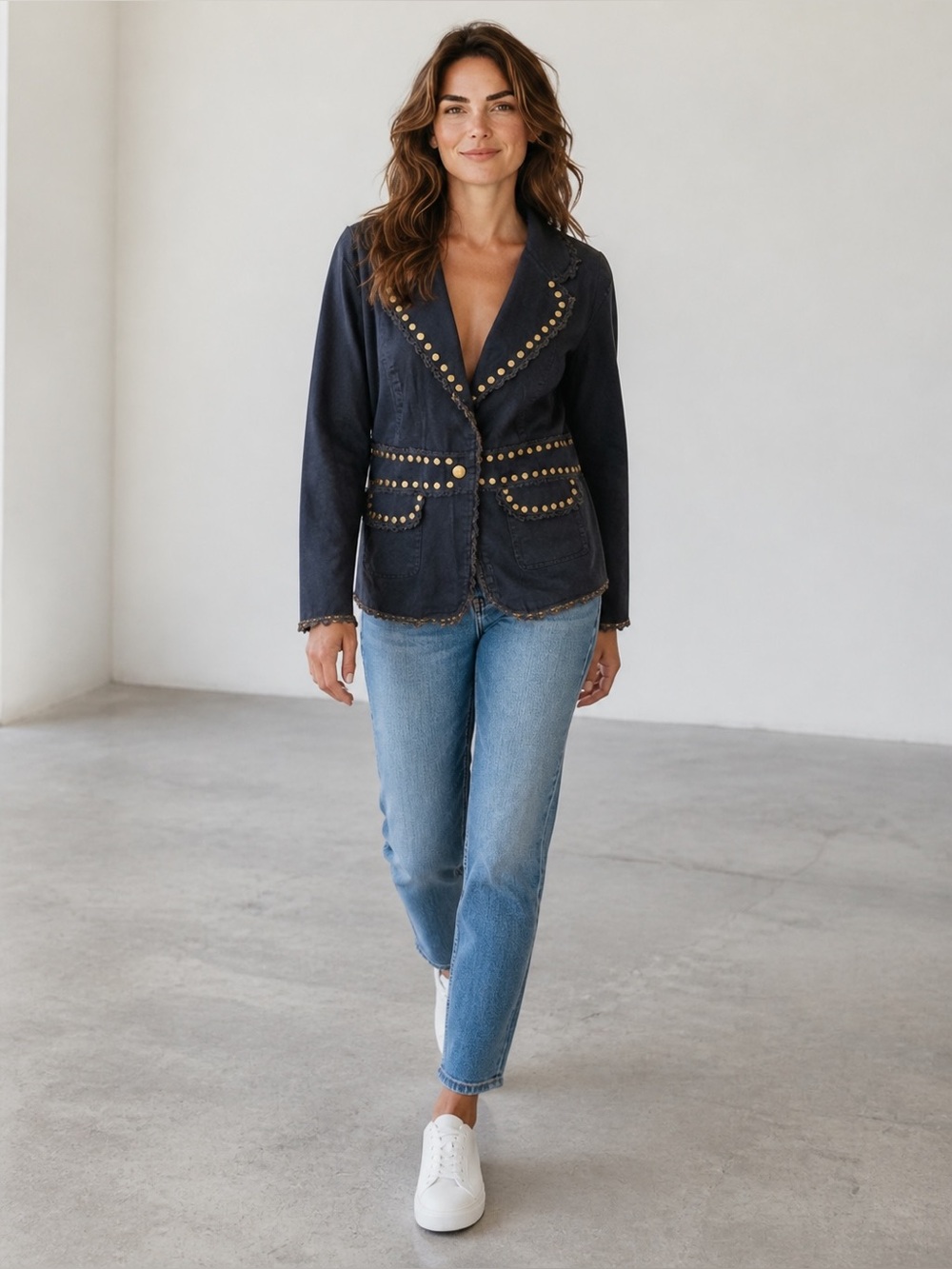 Maggie Sweet Jacket Black Washed Cotton Studs Lace Accents Western Jacket